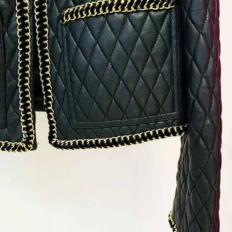 Women's Faux Leather Golden Buttons Loose Fit Jacket   Mini Skirt Suit Black Fashion Suit