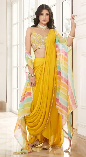Yellow Pre-Draped Cape Saree