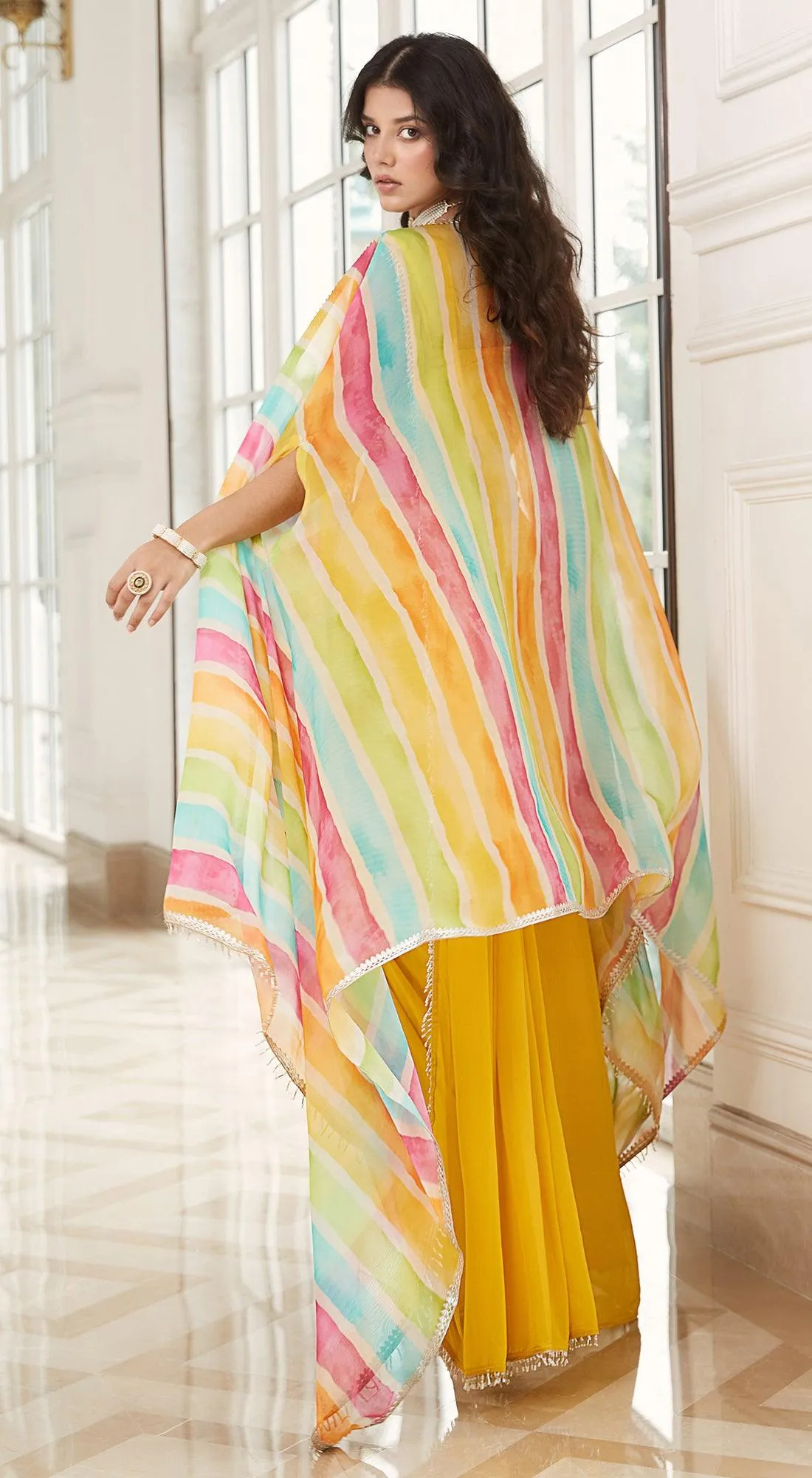 Yellow Pre-Draped Cape Saree