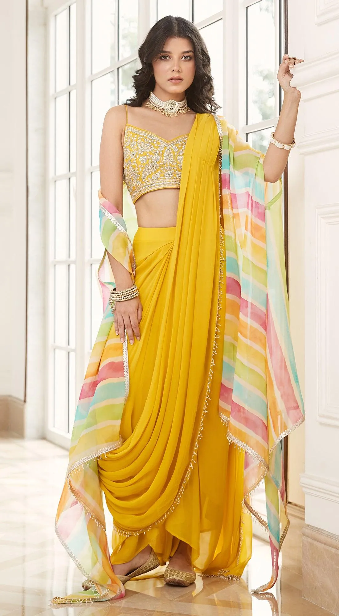 Yellow Pre-Draped Cape Saree